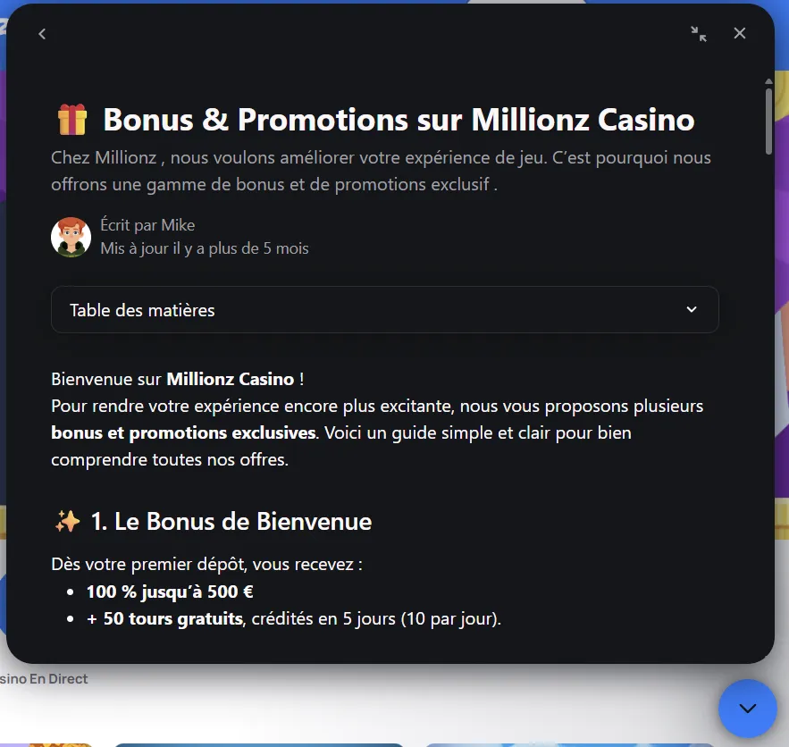 Support Chat Millionz Casino